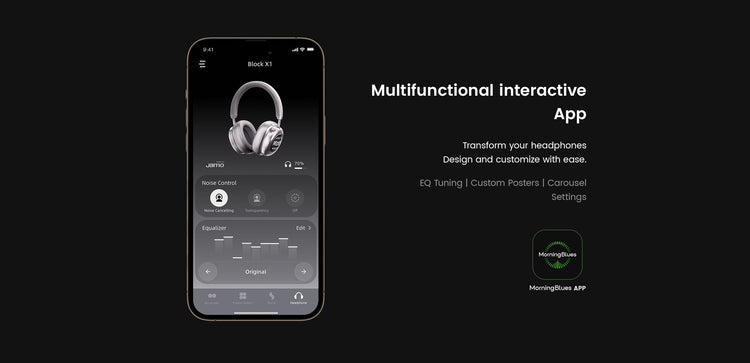 MorningBlues VWS X1 smart headphones controlled via MorningBlues app
